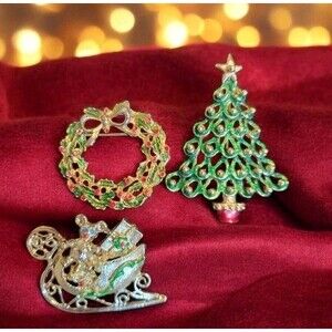 Lot Of 3 Vintage  Christmas Tree Wreath Santa's sleigh with toys Brooches Pins